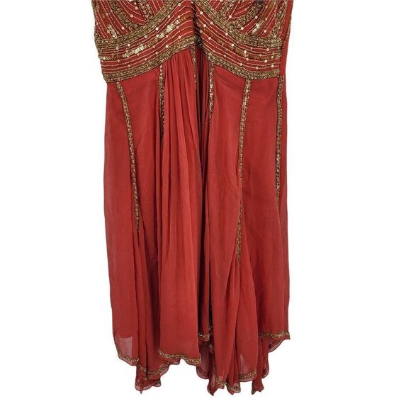 90's Adrianna‎ Papell Silk Bollywood Beaded SharkBite Hem Mini Dress Coral Sz 4 - Picture 9 of 12
